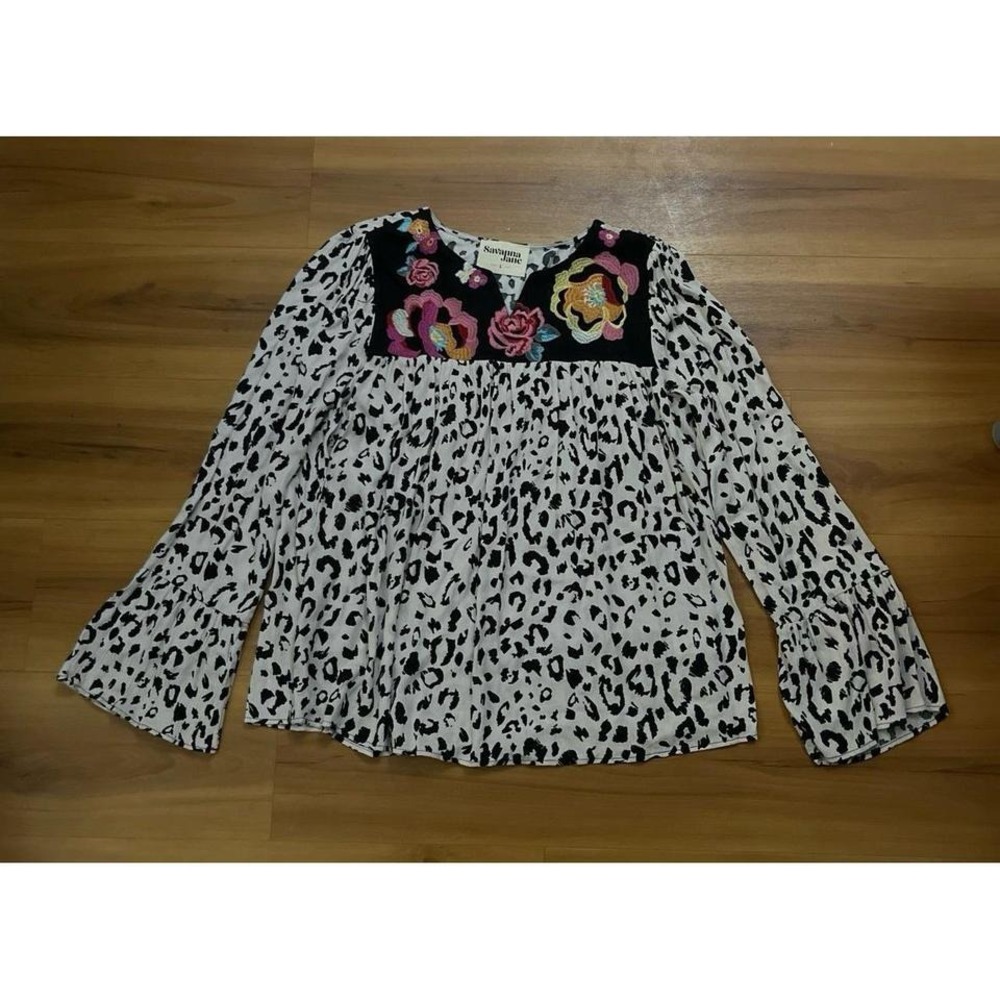 Savanna Jane Black and White Leopard Print Floral Yoke Blouse